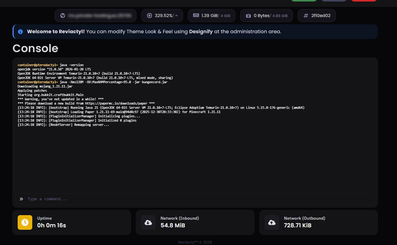 Pterodactyl control panel server dashboard for Minecraft hosting: players, TPS, RAM and CPU